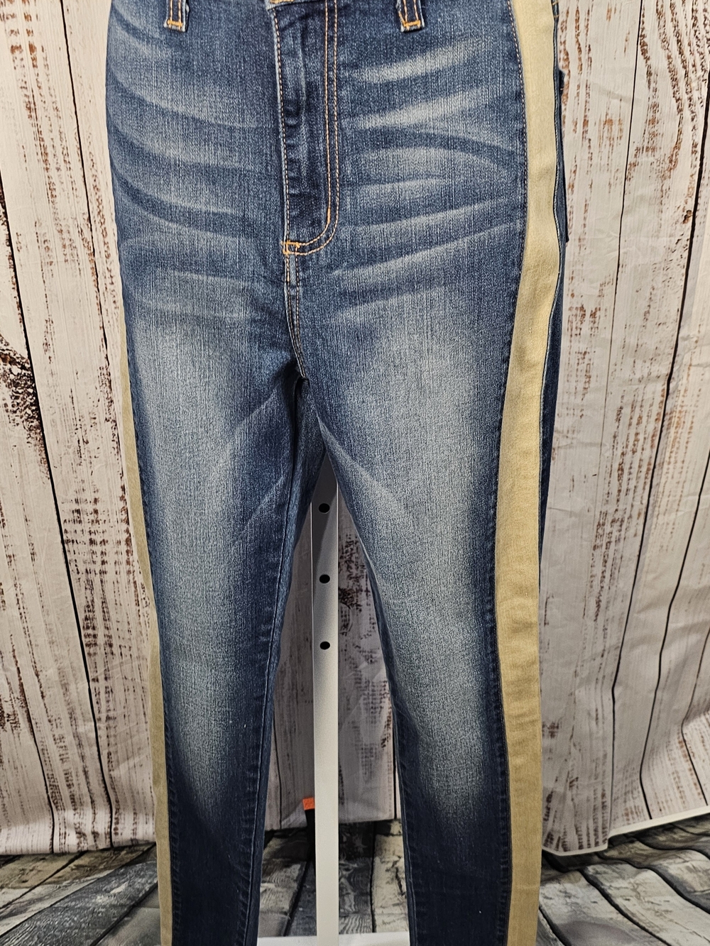 GJG Denim Side Stripe Jeans Size 5 High Rise Skinny Blue Gold Metallic Trim